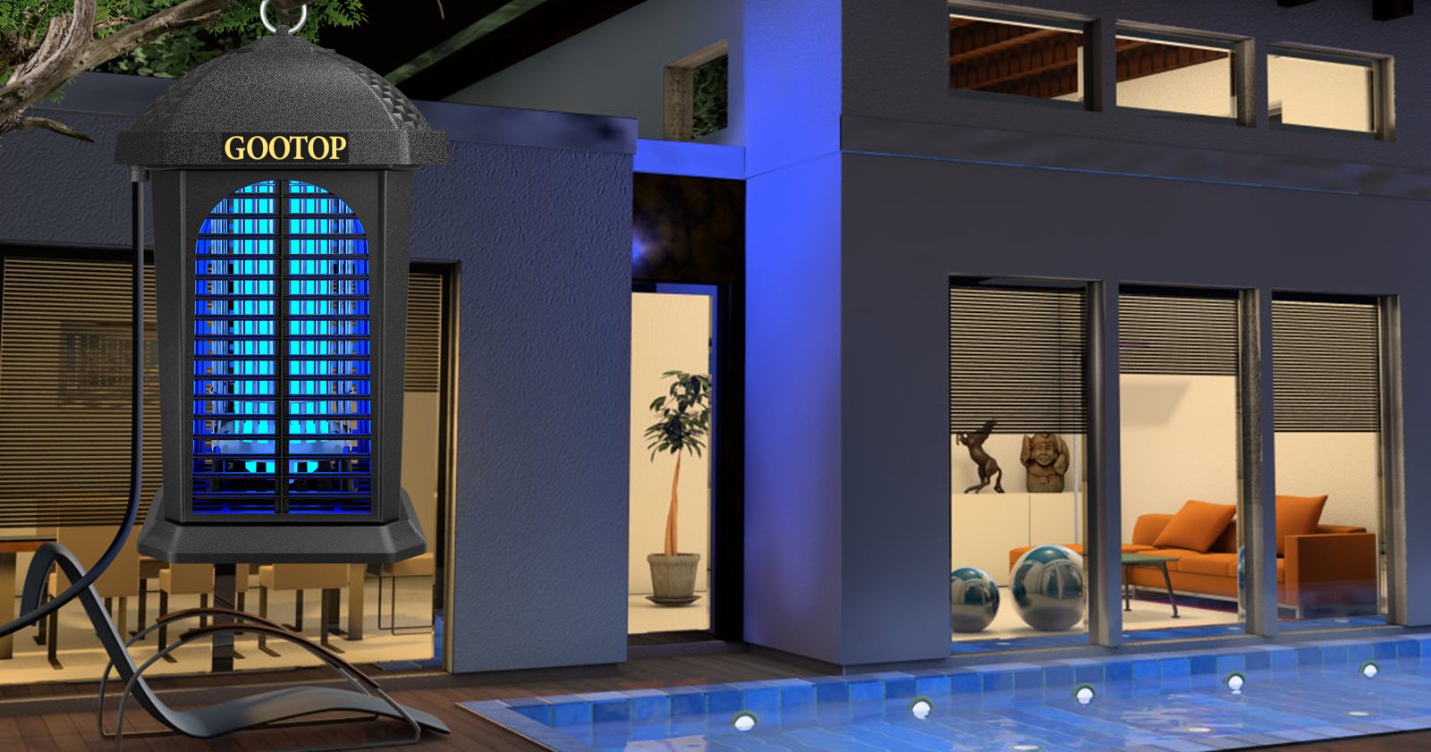GOOTOP JY-02 lantern glowing blue beside a pool at night